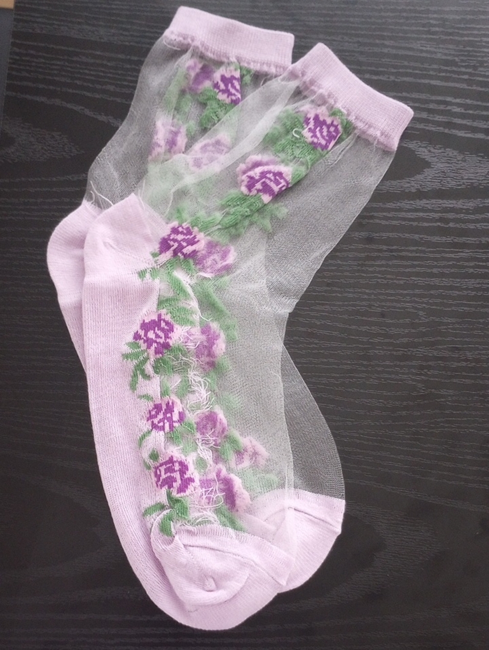 Sheer Lilac Mid calf Socks with Purple Floral Design